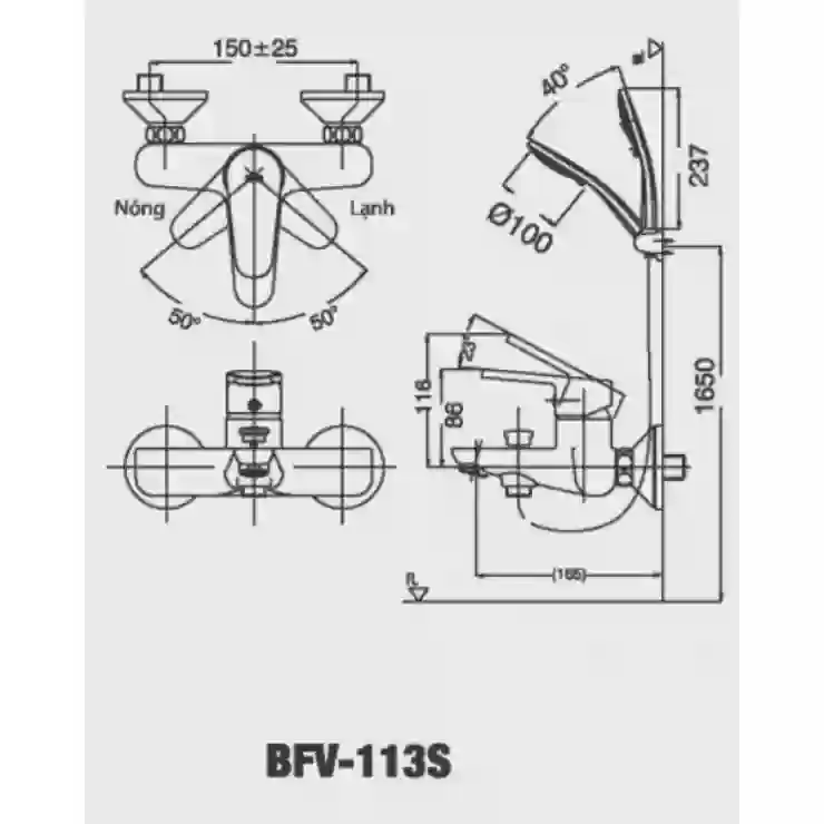​Bản vẽ kỹ thuật Vòi sen tắm nóng lạnh INAX BFV-113S