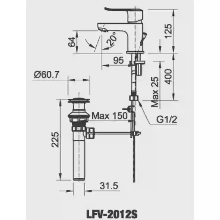 Bản vẽ kỹ thuật vòi lavabo nóng lạnh INAX LFV-2012S