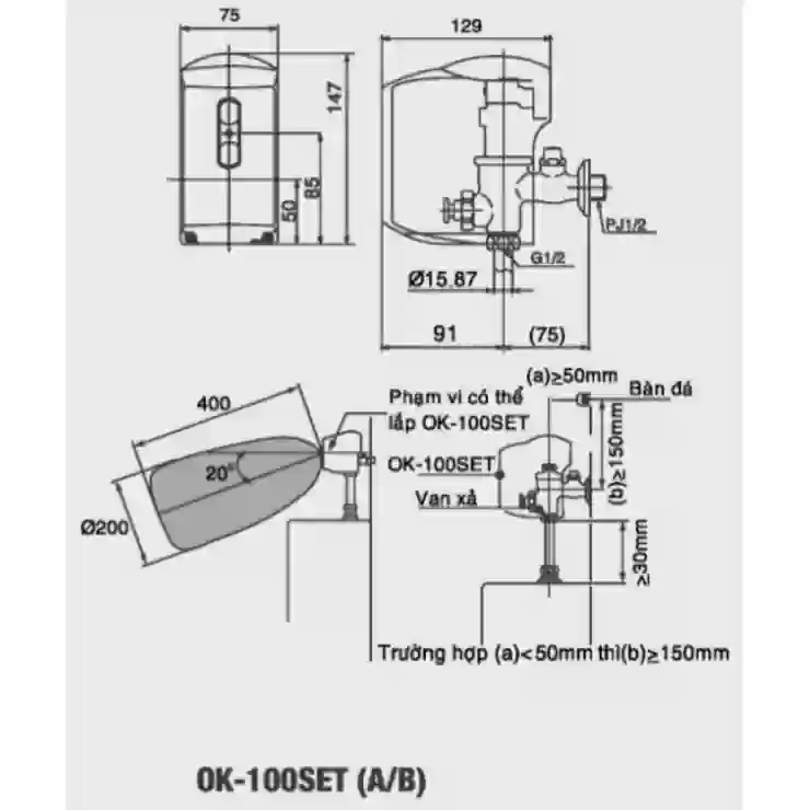 Bản vẽ kỹ thuật van xả tiểu cảm ứng INAX OK-1000SET(A/B)
