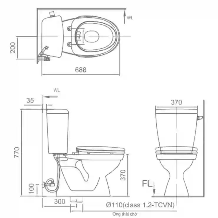 Bản vẽ bồn cầu Inax C-117VA - Xí bệt bàn cầu vệ sinh 2 khối nắp thường