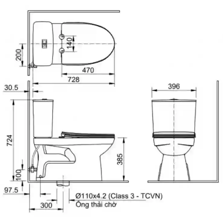 Bản vẽ kích thước bồn cầu INAX C-514VAN 2 khối