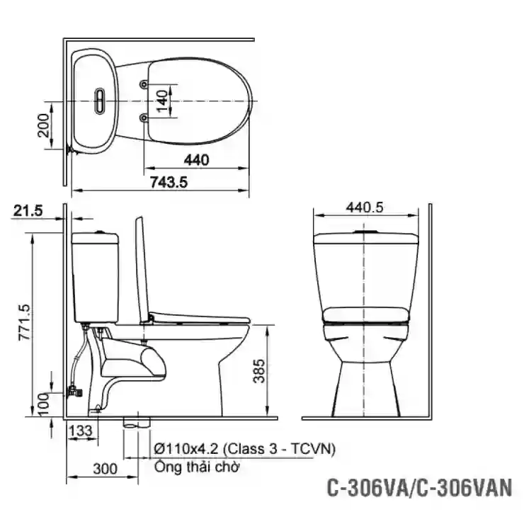 Bản vẽ bồn cầu Inax C-306VA - Xí bệt bàn cầu vệ sinh 2 khối nắp thường