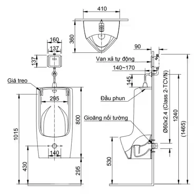 Bản vẽ bệ tiểu nam treo tường U-411V INAX