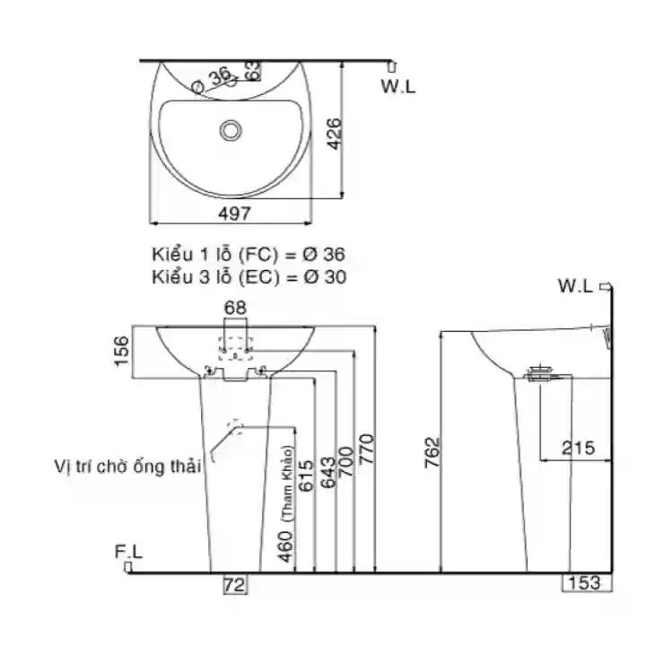 Bản vẽ bồn rửa mặt lavabo INAX L285V kèm chân L288VD