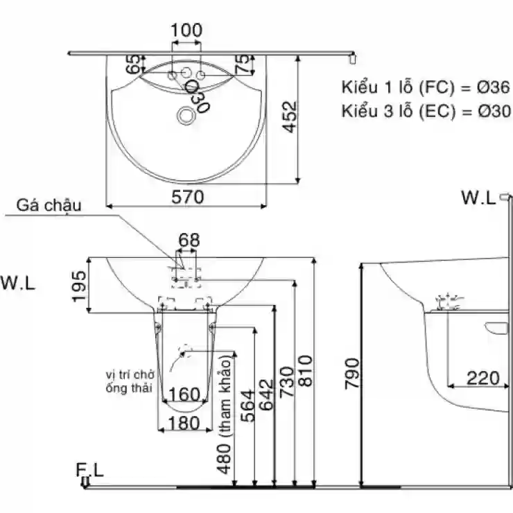Bản vẽ bồn rửa mặt lavabo INAX L285V kèm chân L288VC