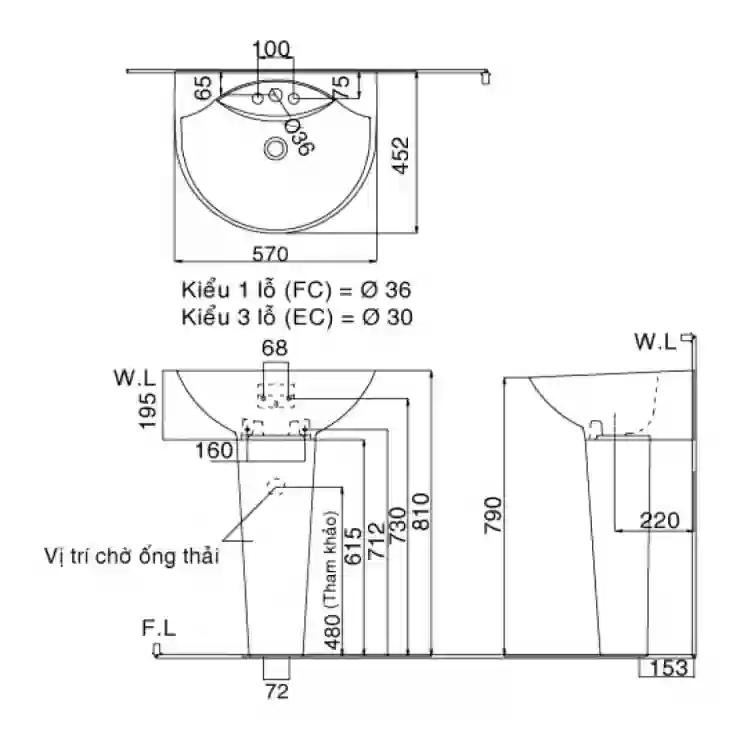 Bản vẽ bồn rửa mặt lavabo INAX L285V kèm chân L288VD