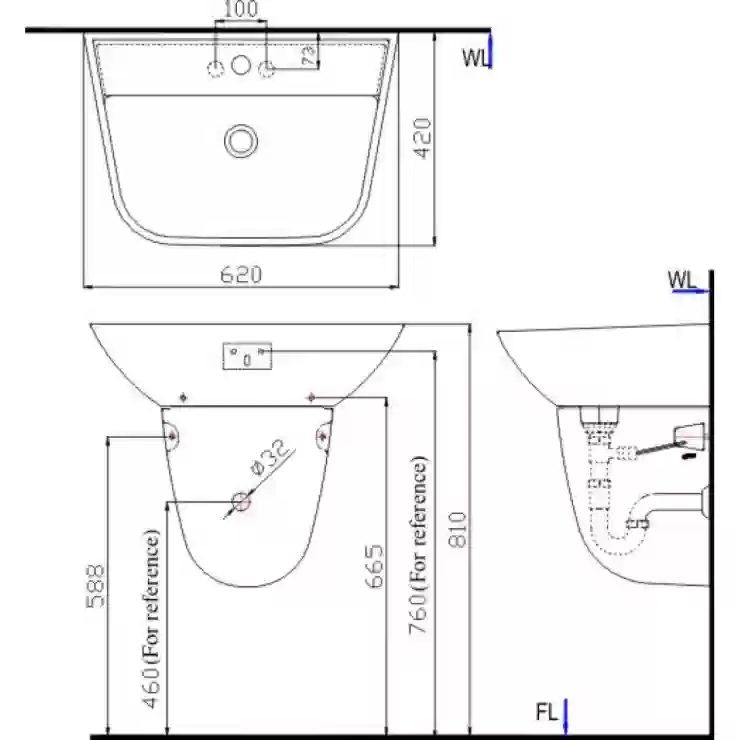Bản vẽ bồn rửa mặt lavabo INAX L287V kèm chân L287VC