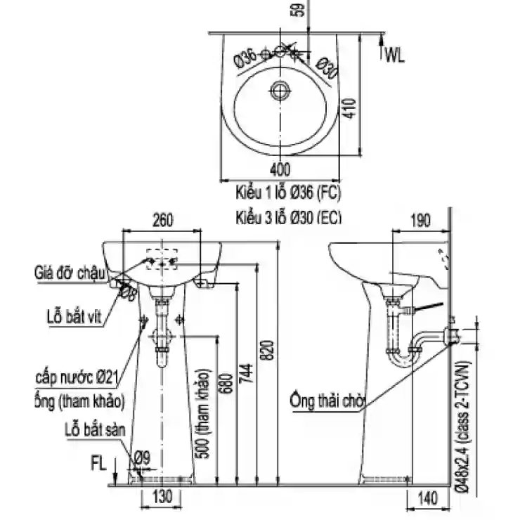 Bản vẽ bồn rửa mặt lavabo INAX L282V kèm chân L284VD