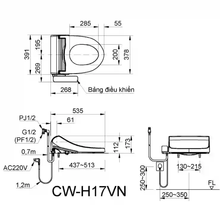 Bản vẽ kích thước nắp Inax CW-H17 VN