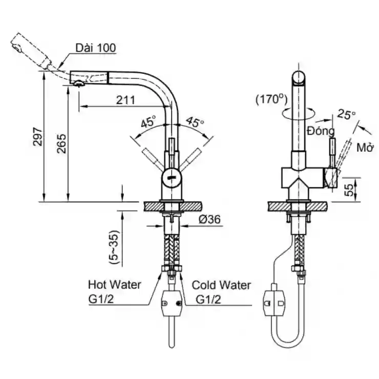 Bản vẽ kỹ thuật vòi bếp nóng lạnh INAX SFV-1013SX