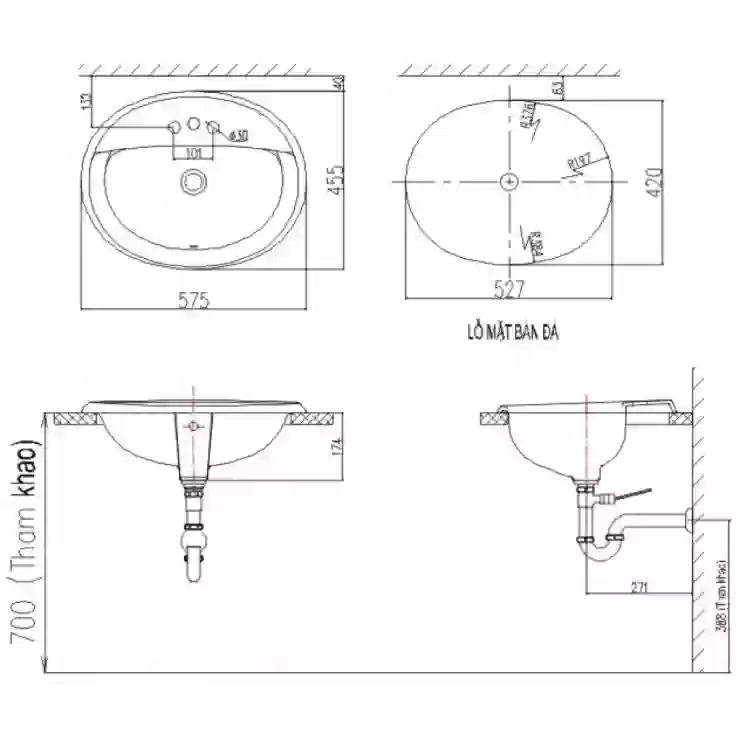 Bản vẽ kỹ thuật chậu lavabo AL-2395V