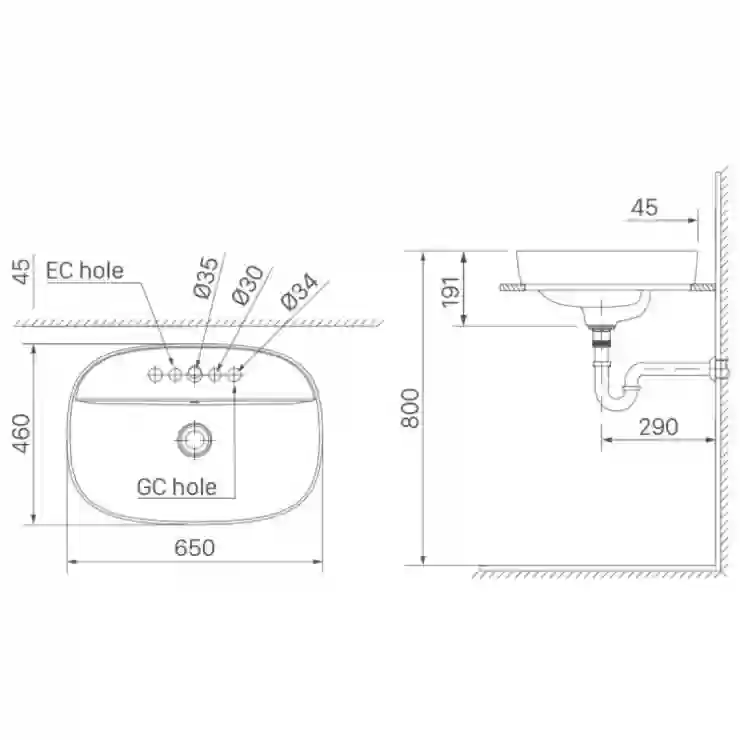 Bản vẽ lavabo AL-652V INAX đặt bàn đá
