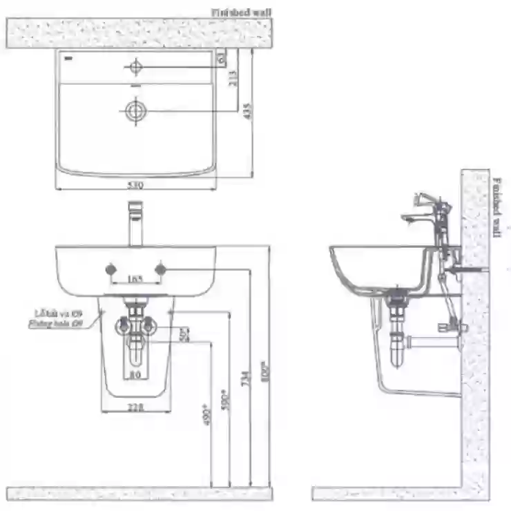 Bản vẽ bồn rửa mặt lavabo kèm chân treo INAX L312V-L-298VC