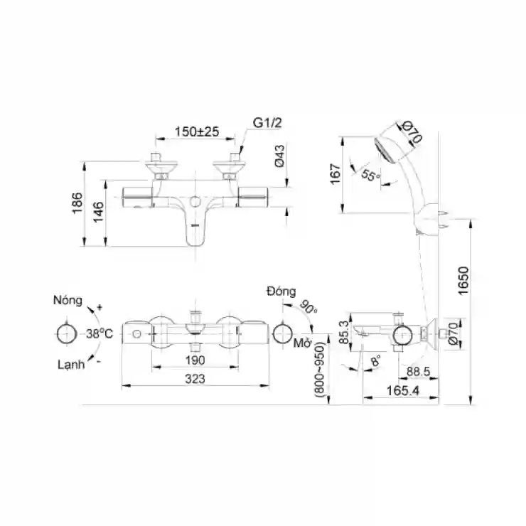 Bản vẽ kỹ thuật vòi sen INAX BFV-3413T-7C nhiệt độ
