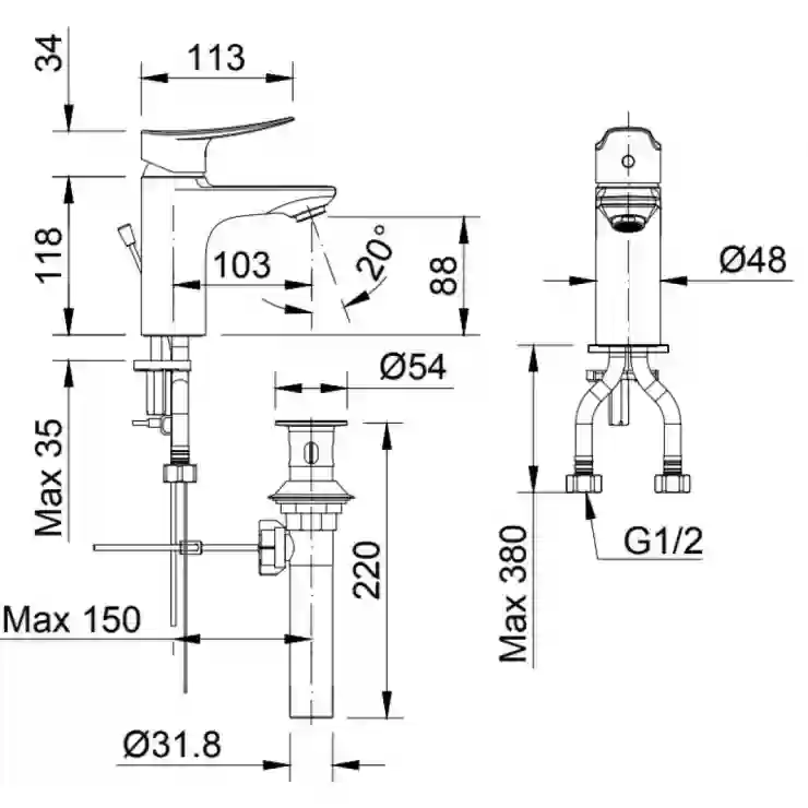 Bản vẽ kỹ thuật vòi lavabo nóng lạnh LFV-502S
