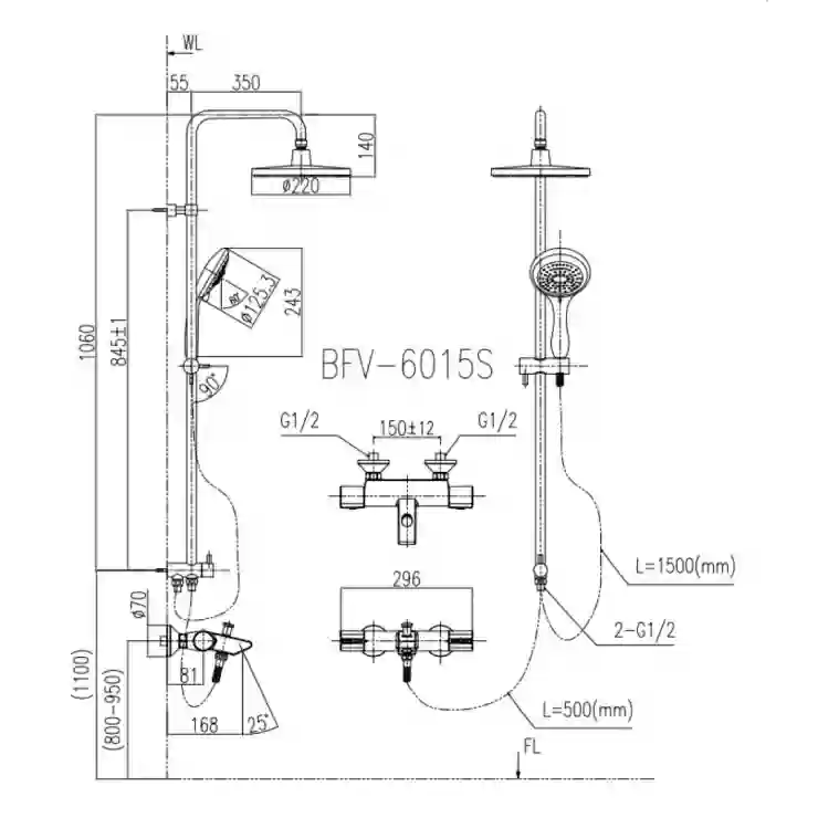 Bản vẽ vòi sen cây INAX BFV-6015S nóng lạnh