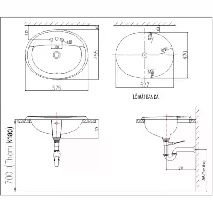 Bản vẽ kỹ thuật chậu lavabo L-2395V
