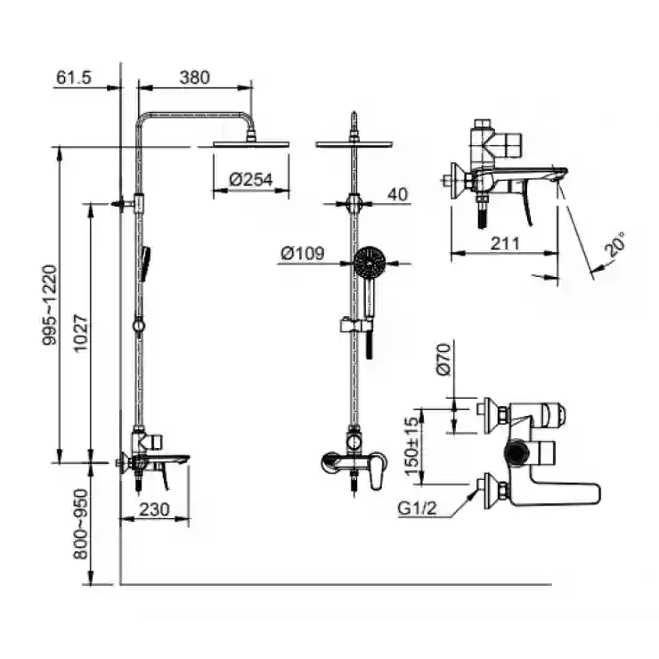 Bản vẽ kỹ thuật sen cây tắm nóng lạnh INAX BFV-515S