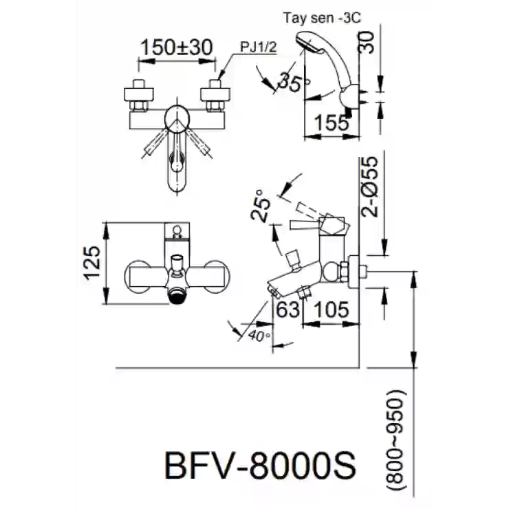 Bản vẽ kỹ thuật Vòi sen nhiệt độ INAX BFV-8000S-5C