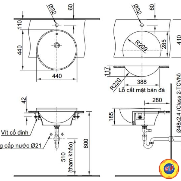 Chậu Rửa Mặt Lavabo Inax L-333V (L333V) Bán Âm Tròn