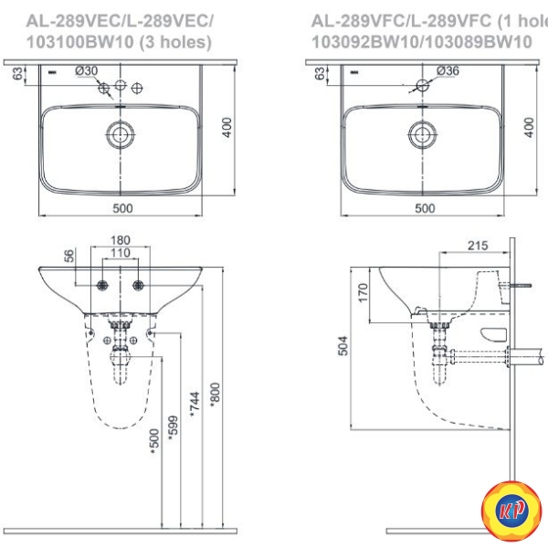 Chân Ngắn Lavabo INAX L-288VC (L288VC) Treo Tường (L-285V, L-288V, L-289V, AL-289V)