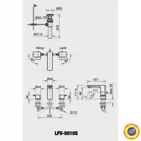 Vòi Chậu Lavabo Inax LFV-5010S (LFV5010S) Van Nóng Lạnh Riêng 3 Lỗ