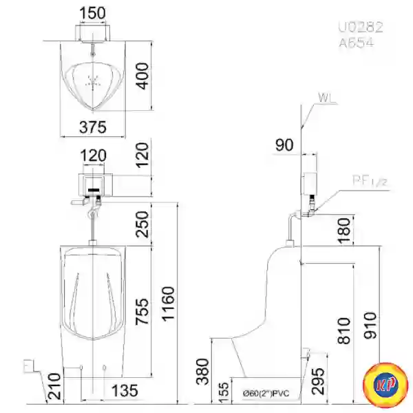 Bệ Tiểu Nam CAESAR U0282 Treo Tường Xả Thẳng
