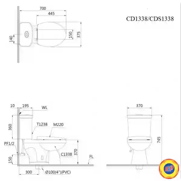 Bồn Cầu CAESAR CD1338 Thùng T1238 2 Nhấn Nắp Thường
