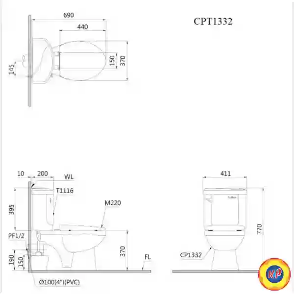 Bàn Cầu Caesar CPT1332 Thùng T1116 Thoát Ngang Xả Gạt