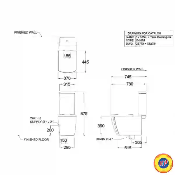 Bồn Cầu COTTO C16897 Hai Khối 3x3 R3