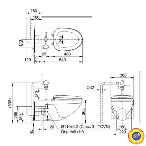 Bàn Cầu INAX AC-22PVN (AC22PVN) Treo Tường Nắp Êm Kèm Van Xả