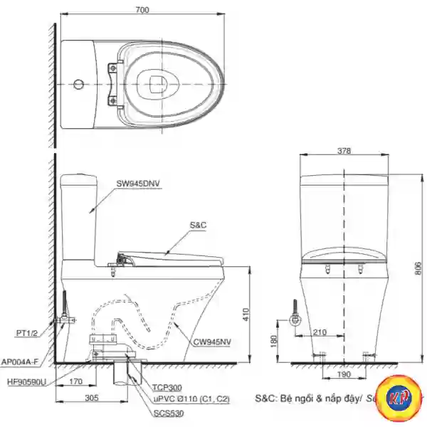 Bồn Cầu Hai Khối TOTO CS945DNT3 Nắp TC385VS