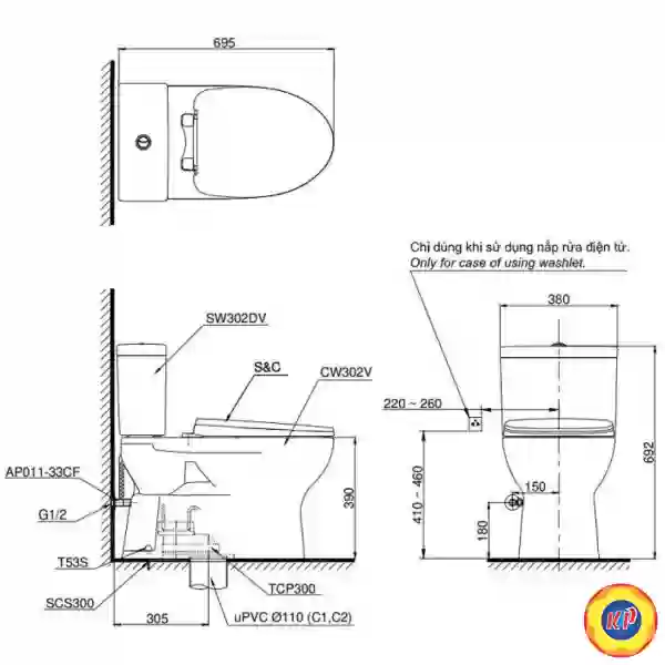 Bồn Cầu 2 Khối TOTO CS302DT10#W Nắp Êm TC395VS