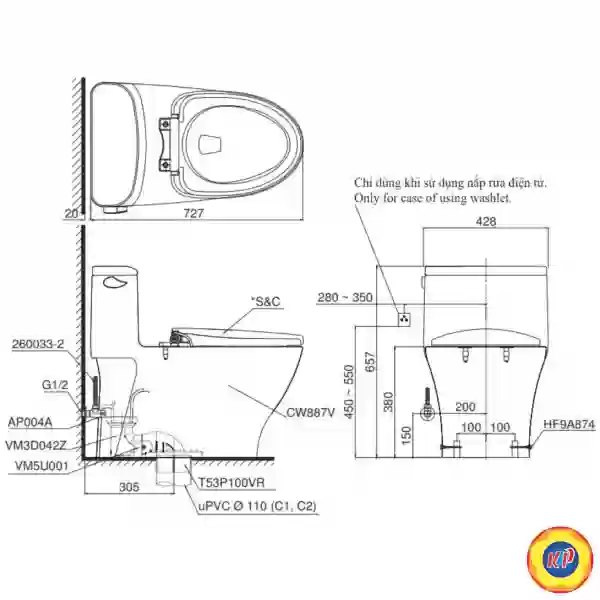 Bồn Cầu 1  Khối TOTO MS887RE2 (MS887E2) Nắp Rửa Cơ