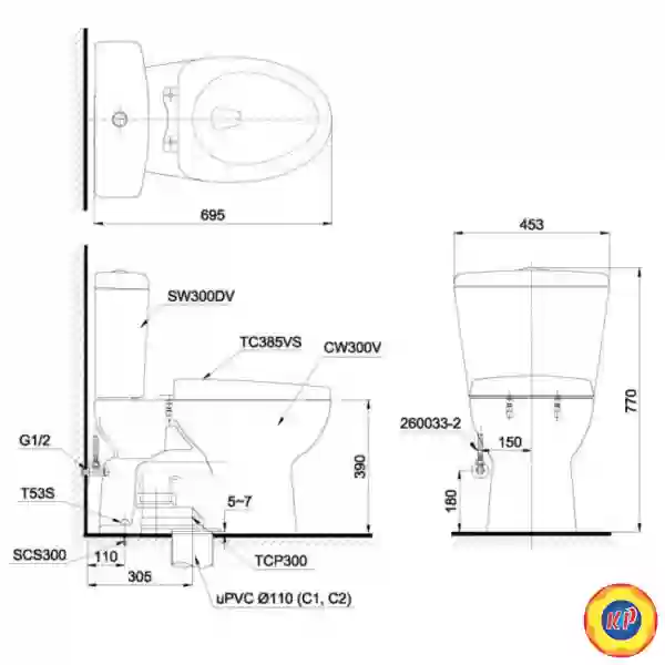 Bồn Cầu Hai Khối TOTO CS300DT3Y1 (C300Y1, S300D) Nắp TC385VS