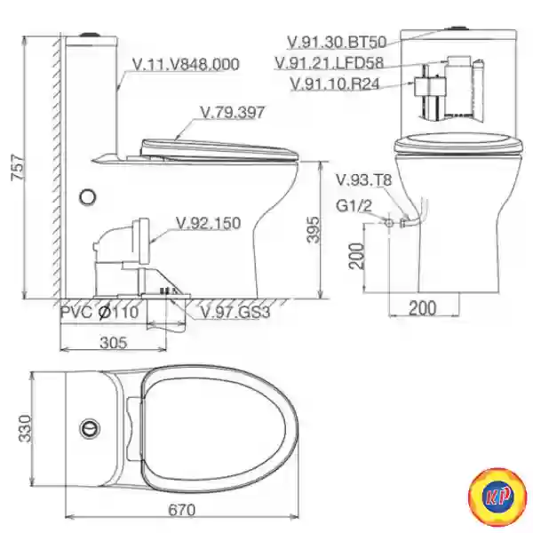 Bồn Cầu Viglacera V848 Xả Xoáy Nắp V39 + Xịt VG826