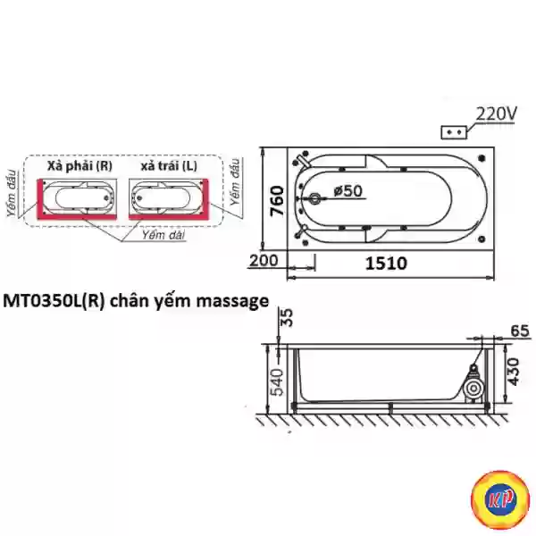 Bồn Tắm Massage Chân Yếm 1.5M CAESAR MT0350L/R