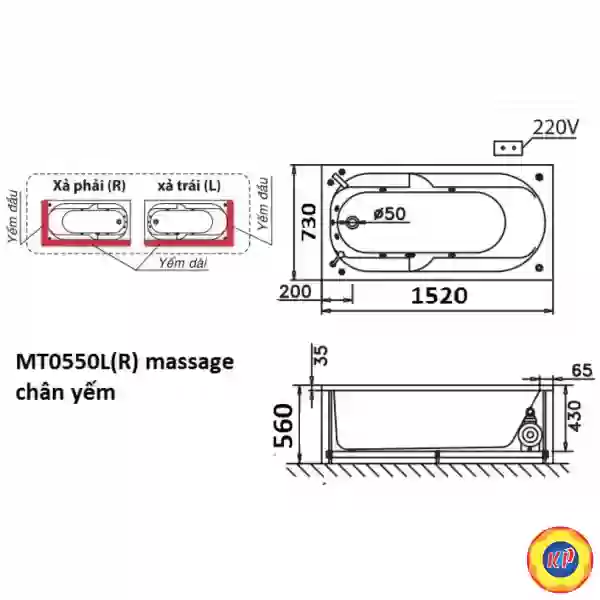 Bồn Tắm Massage 1.5M Chân Yếm CAESAR MT0550L/R