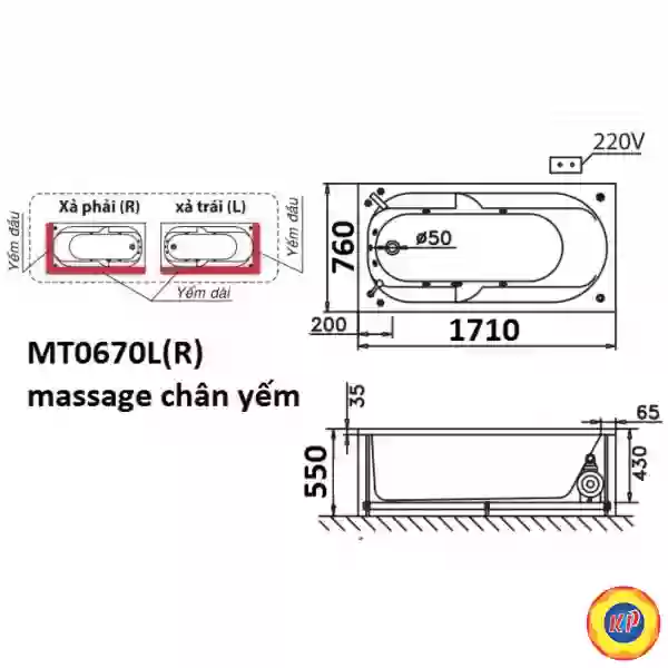 Bồn Tắm Massage 1.7M Chân Yếm CAESAR MT0670L/R