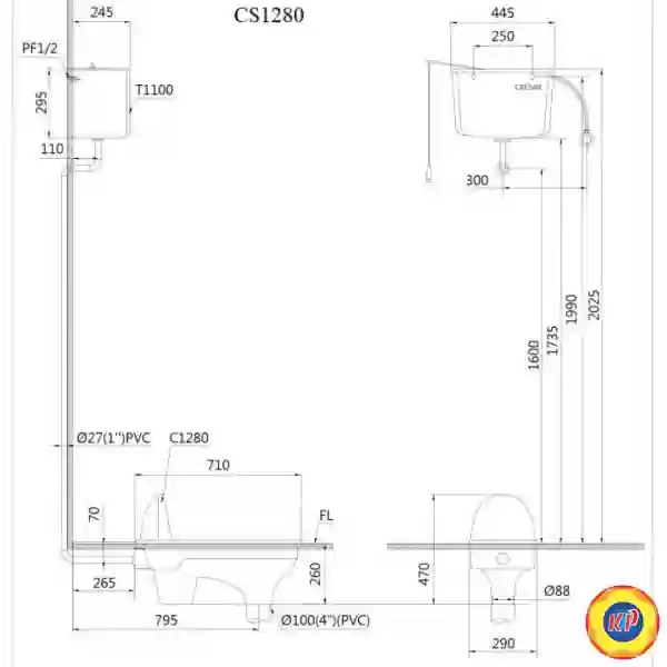 Bồn Cầu Xổm CAESAR CS1280 Thùng T1110 Treo Tường