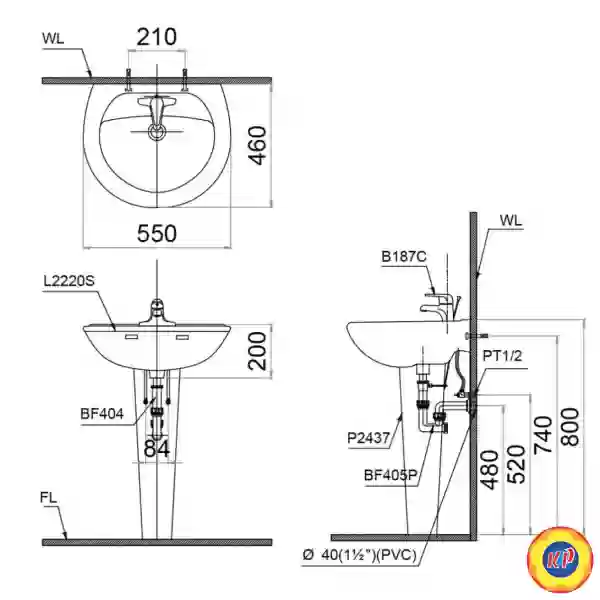 Chậu Rửa Lavabo Caesar Chân Dài L2220/P2445