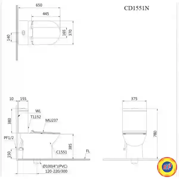 Bồn Cầu CAESAR CD1551 Thùng T1152 Nắp Êm