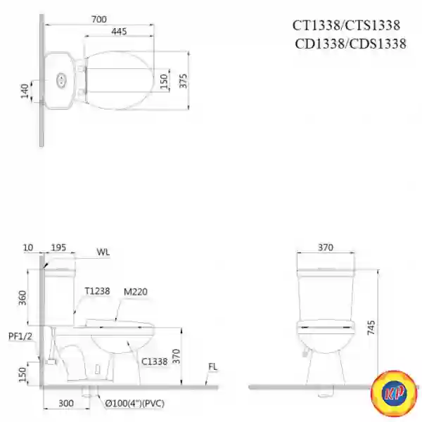 Bồn Cầu CAESAR CTS1338 Thùng T1138 1 Nhấn Nắp Êm