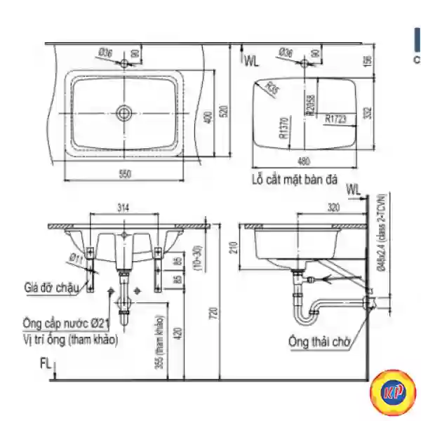 Chậu Rửa Lavabo Inax L-2298V (L2298V) Âm Bàn Chữ Nhật