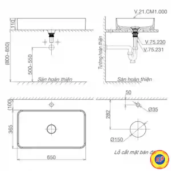 Chậu Rửa Lavabo Viglacera CM01 (CM1) Đặt Bàn Chữ Nhật