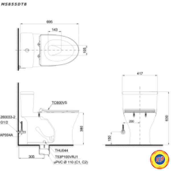 Bồn Cầu TOTO MS855DT8 Một Khối Nắp TC600VS