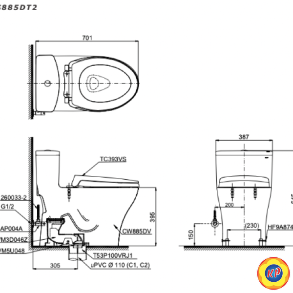 Bồn Cầu TOTO MS885DT2 Một Khối Nắp TC393VS