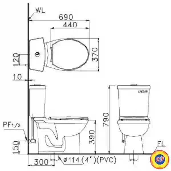 Bàn Cầu CAESAR CDS1325 Thùng T1225 2 Nhấn Nắp Êm