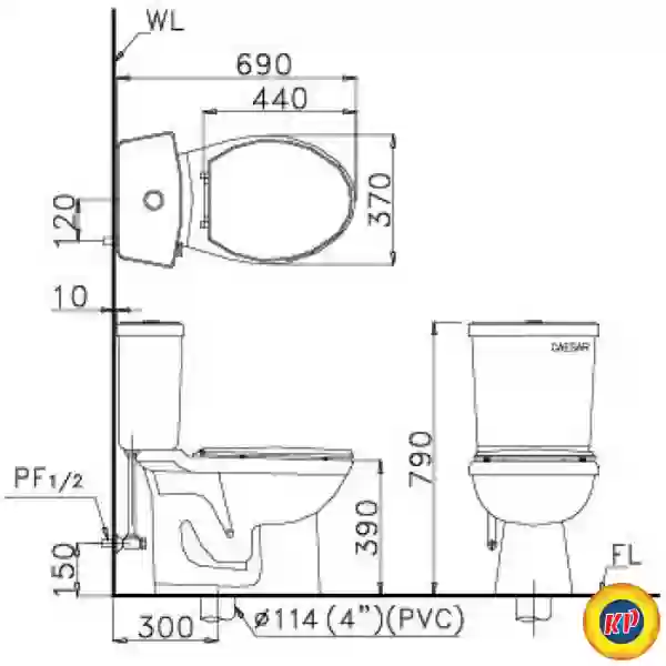 Bàn Cầu CAESAR CTS1325 Thùng T1125 1 Nhấn Nắp Êm