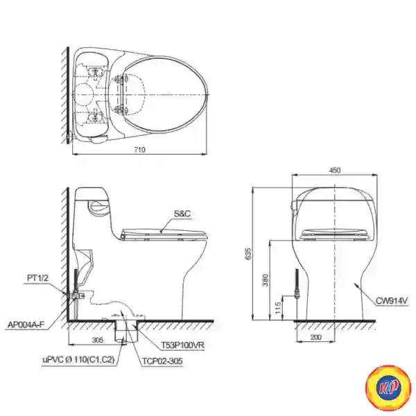 Bàn Cầu TOTO MS914RT2 (C914, C914R) Một Khối Nắp Êm TC393VS